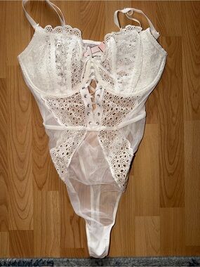 Victoria's Secret White Lace-Up Sheer Lace Bodysuit